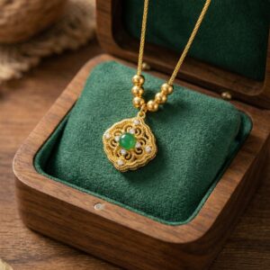 925 Sterling Silver Ornate Filigree Necklace Featuring Central Green Cabochon and Sparkling Stones
