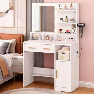 Vanity Desk White Easy Assembly Makeup Table With Mirror 3 Color LED Bulbs Power Outlet Open Storage Shelves Cabinet Drawers For Bedroom