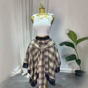 High-waisted Plaid A-line Skirt With Tie Detailing And An Asymmetric