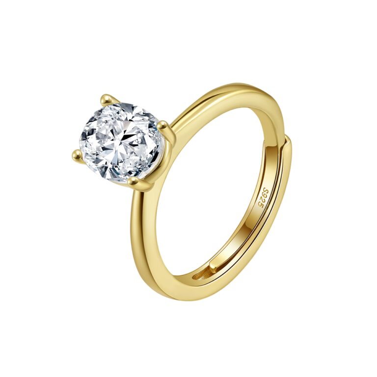 925 Sterling Silver Elegant Gold Solitaire CZ Ring with Classic Four-Prong Setting