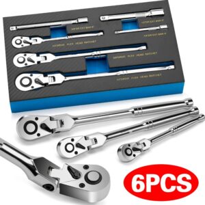 6 Pcs Set 1 4 3 8 1 2 Flex Head Ratchet 72 Tooth 180 Adjustable Drive Swivel