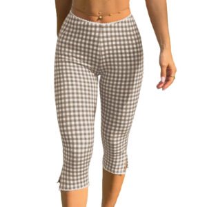 Womens Plaid Knitted Stretch Leggings Casual Pants