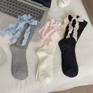 Coquette Ribbed Crew Socks With Large Satin Bows, Balletcore Knee-High Socks In Black, White, Grey & Pastel Tones, Women’s Romantic Mid-Calf Socks For Mary Janes