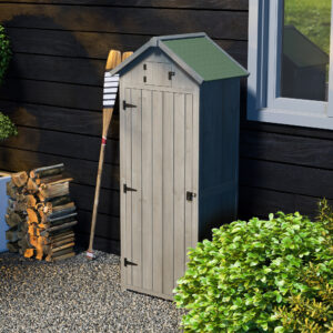 Gartenschrank Holz, Geräteschuppen Wetterfest 77×54,2x179cm, Gerätehaus Mit Tür, Satteldach, Geräteschrank Mit Böden, Werkzeugschrank Gartenschuppen Für Garten, Terrasse, Grau+Grün