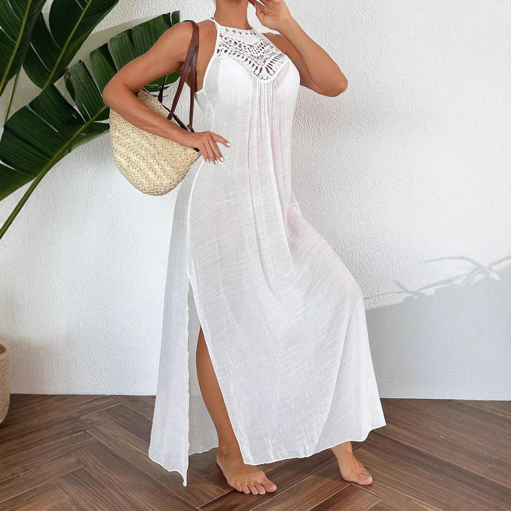 Womens Hollow-Out Lace Halterneck Beach Vacation Long Dress
