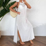 Womens Hollow-Out Lace Halterneck Beach Vacation Long Dress