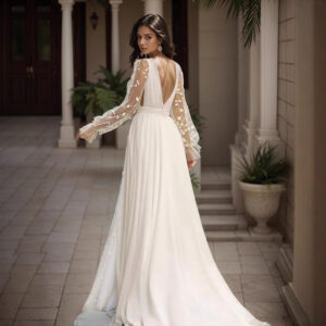 Evening Gown Deep V-neck Long-sleeved Wedding Dress Long Skirt