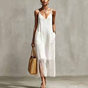 Womens Solid-Color Tassel-Hem Dress