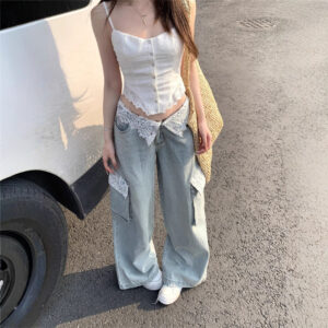 Street Style Lace Paneling Designer Jeans