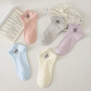Cute Bow Print R Sock Set, Pastel Color Co Style Ankle Socks, Women's Sweet Ribbed Knit Socks For Casual & Daily Wear