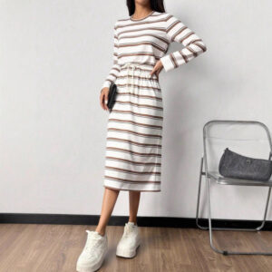 Womens Relaxed-fit Long-sleeve Striped Casual Dress
