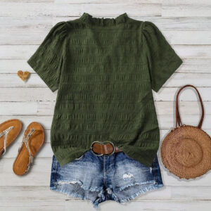 Solid-color Textured Short-collar Casual Plain Shirt