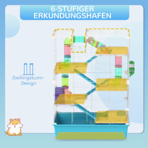6-stöckiger Hamsterkäfig Mit Röhren, Tunnels, Hütte, Laufrad, Futterschale, Wasserflasche, Rampen, Hellblau
