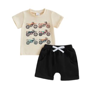 Childrens Round-neck Small Motorcycle-printed Outfit Set