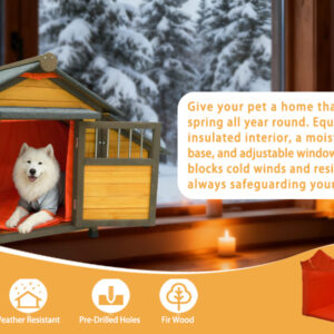 50 Insulated Wooden Dog House For Small Medium Dogs, All-Weather Outdoor Kennel With Removable Thermal Curtain, Lockable Door, Opening Glass Window & Asphalt Shingled Roof