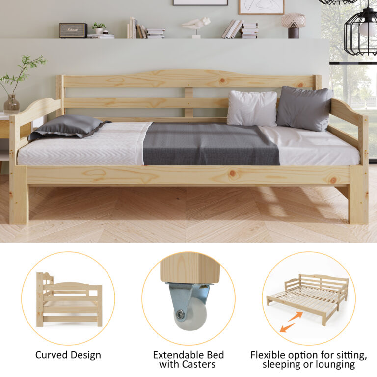 3FT Daybed Cabin Bed Single Guest Bed Sofa Bed, Pull Out Trundle For Living Room And Bedroom, 90 X 190 Cm, Natural