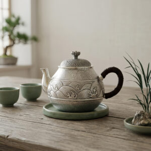 Pure 999 Fine Silver Artistic Silver Teapot Featuring Intricate Hand-Engraved Wave Motif and Textured Finish – Handicraft