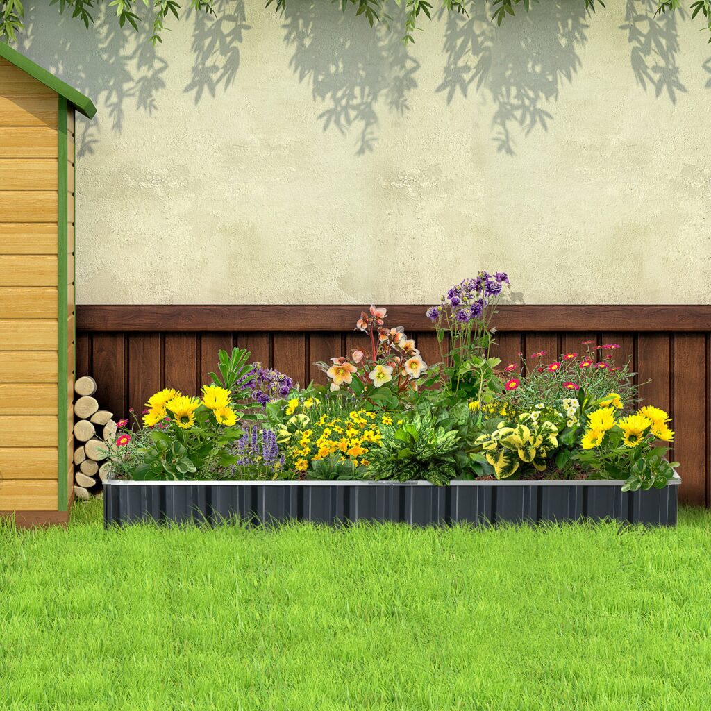 Hochbeet Aus Stahl DIY Gartenbeet Mit T-Form-Pflanzenschilder Handschuhe Pflanzenbeet Kräuterbeet Blumentreppe Für Balkon Garten Dunkelgrau 258 X 90 X 30 Cm