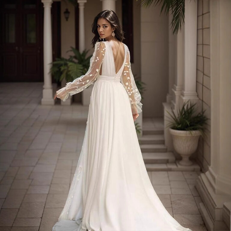 Evening Gown Deep V-neck Long-sleeved Wedding Dress Long Skirt