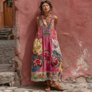 Floral Casual V-neck Sleeveless Loose Dress