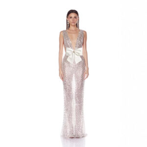 Sleeveless Deep V-Neck Mesh Sequin Embroidered Bodycon Dress