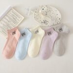 Cute Bow Print R Sock Set, Pastel Color Co Style Ankle Socks, Women's Sweet Ribbed Knit Socks For Casual & Daily Wear