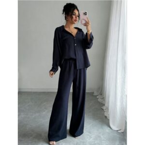 Chic Two-piece Set Plus-size Casual Shirt And High-waisted Wide-leg Pants Suit
