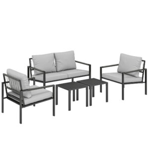 Gartenmöbel Set 4 Personen Wetterfest Balkonmöbel-Set Mit 2er Sofa, Sessel Sitzkissen Beistelltisch Hellgrau