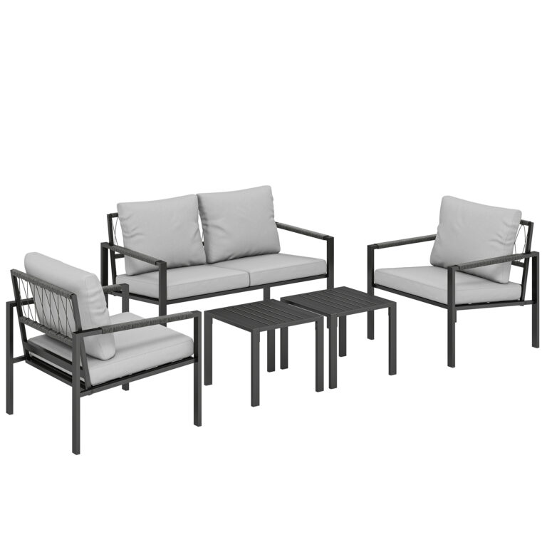 Gartenmöbel Set 4 Personen Wetterfest Balkonmöbel-Set Mit 2er Sofa, Sessel Sitzkissen Beistelltisch Hellgrau