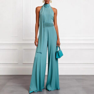 Solid-color Sleeveless Halter-neck Elegant Jumpsuit Long-sleeve Fashionable Trousers