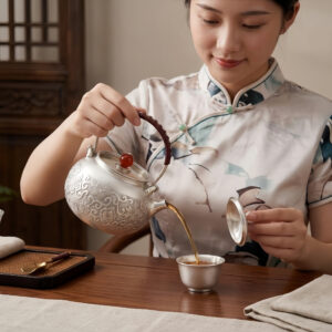 Pure 999 Fine Silver Elegant Silver Floral Teapot with Woven Handle and Red Gemstone Lid Finial - Handicraft