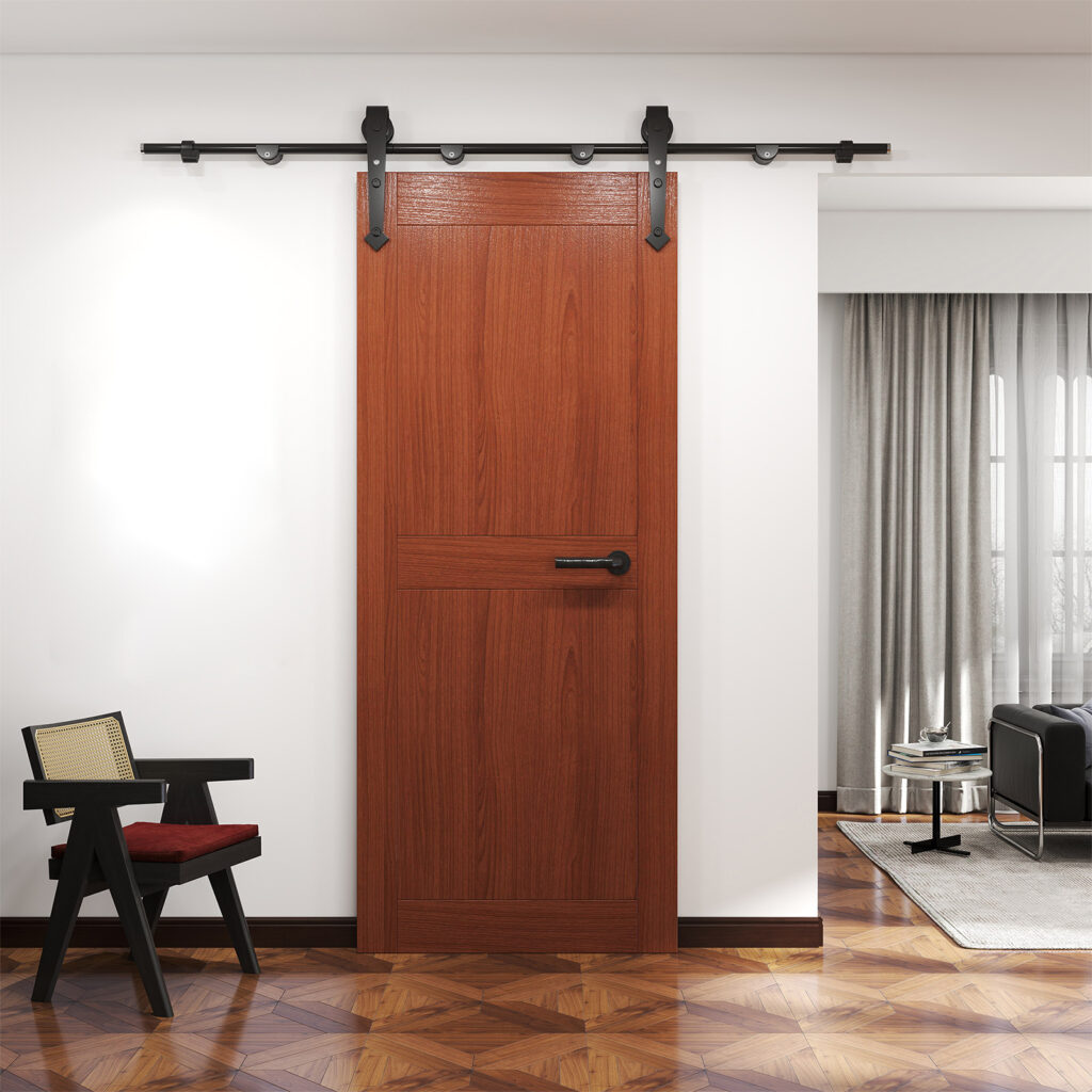 6FT Barn Door Hardware Kit Heavy Duty Sliding Door Track Kit With Floor Guide For Interior Exterior Fit 30-32in Wide Panel Sword Style J Shape Hanger