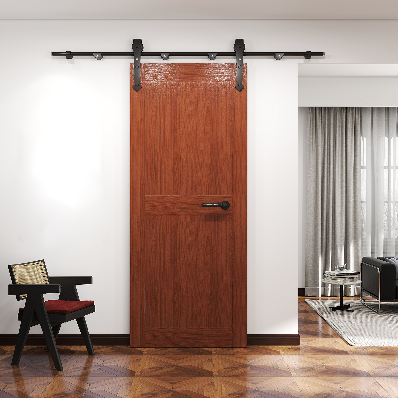 6FT Barn Door Hardware Kit Heavy Duty Sliding Door Track Kit With Floor Guide For Interior Exterior Fit 30-32in Wide Panel Sword Style J Shape Hanger