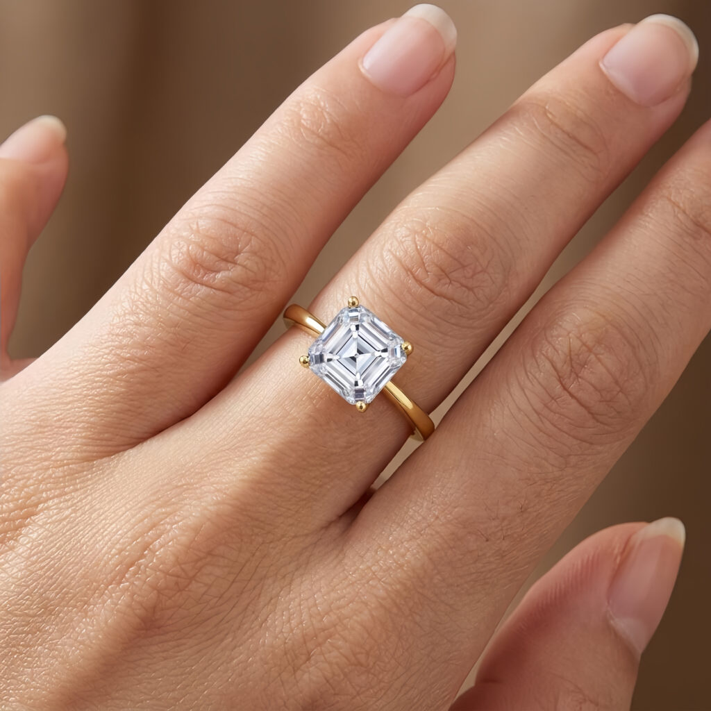 925 Sterling Silver Elegant Gold-Plated Ring with Asscher-Cut CZ Centerpiece