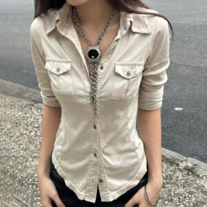 Workwear Style Notched Collar Pocketed Slimfit Figure-flattering Three Quarter Sleeve Shirt