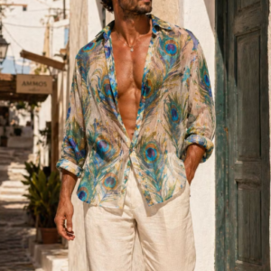 Peacock Feather Print Sheer Oversized Shirt