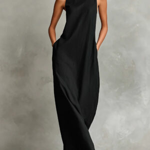 Linen Turtleneck Sleeveless Maxi Loose-fitting Minimalist Casual Style Long Dress