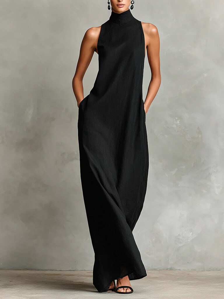 Linen Turtleneck Sleeveless Maxi Loose-fitting Minimalist Casual Style Long Dress