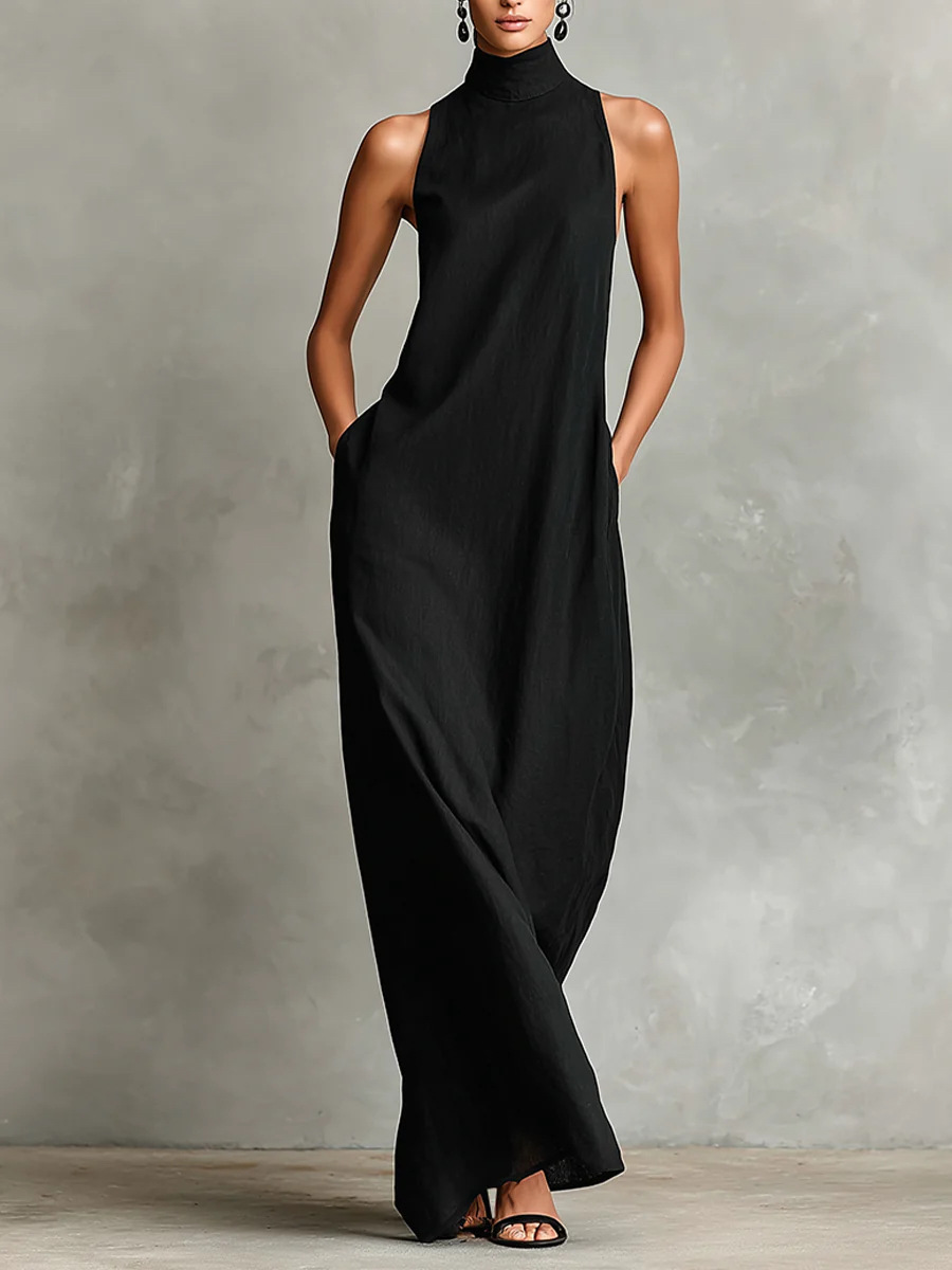 Linen Turtleneck Sleeveless Maxi Loose-fitting Minimalist Casual Style Long Dress