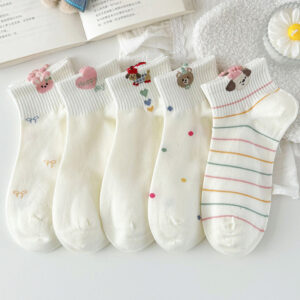 Cute Animal & Bow Embroidered Ankle Socks, Cream White Cotton Casual Socks With Polka Dots & Stripes, Women’s Sweet Low-Cut Socks For Everyday & Sneakers