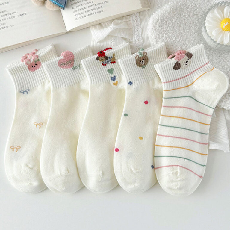 Cute Animal & Bow Embroidered Ankle Socks, Cream White Cotton Casual Socks With Polka Dots & Stripes, Women’s Sweet Low-Cut Socks For Everyday & Sneakers