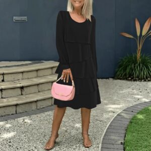 Womens Loose-fitting Round-neck Long-sleeve Tiered Dress
