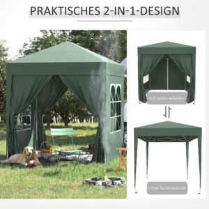 Faltpavillon, Bierzelt, 4 Abnehmbare Seitenwände, 2 Fenster, Metallrahmen, 2 X 2m, Dunkelgrün