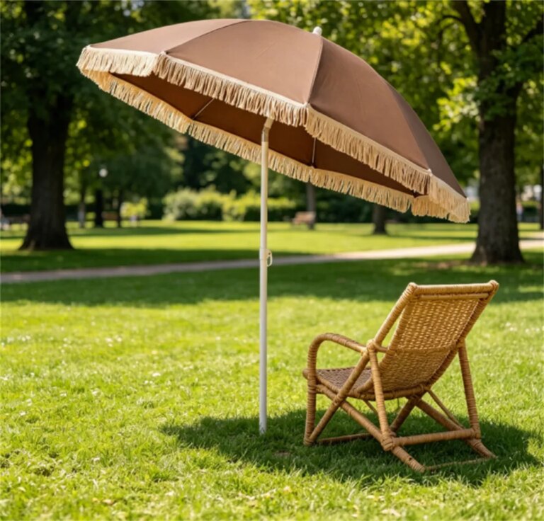 7 FT Boho Patio Umbrella With Fringe Tassel, 30′ Adjustable Tilt Outdoor Sun Canopy, Portable 2-Section Metal Beach Umbrella
