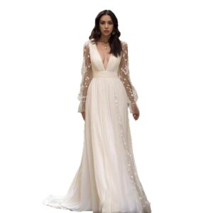 Evening Gown Deep V-neck Long-sleeved Wedding Dress Long Skirt