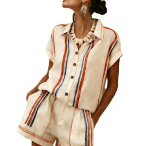 Womens Short-sleeve Shirt And Shorts Striped Set