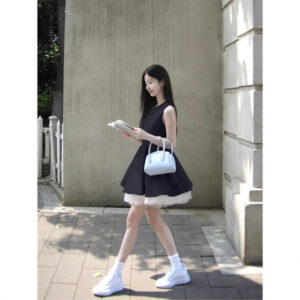 Summer French-style Black Sleeveless Mesh Tank Dress