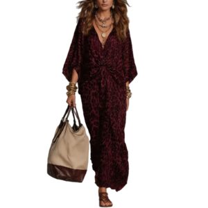 Leopard-print V-neck Waist-cinched Plus-size Long Dress