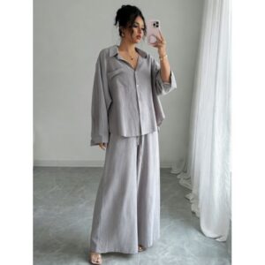 Chic Two-piece Set Plus-size Casual Shirt And High-waisted Wide-leg Pants Suit
