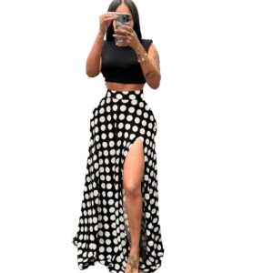 High-waisted Split Midi Skirt With A Polka Dot Print